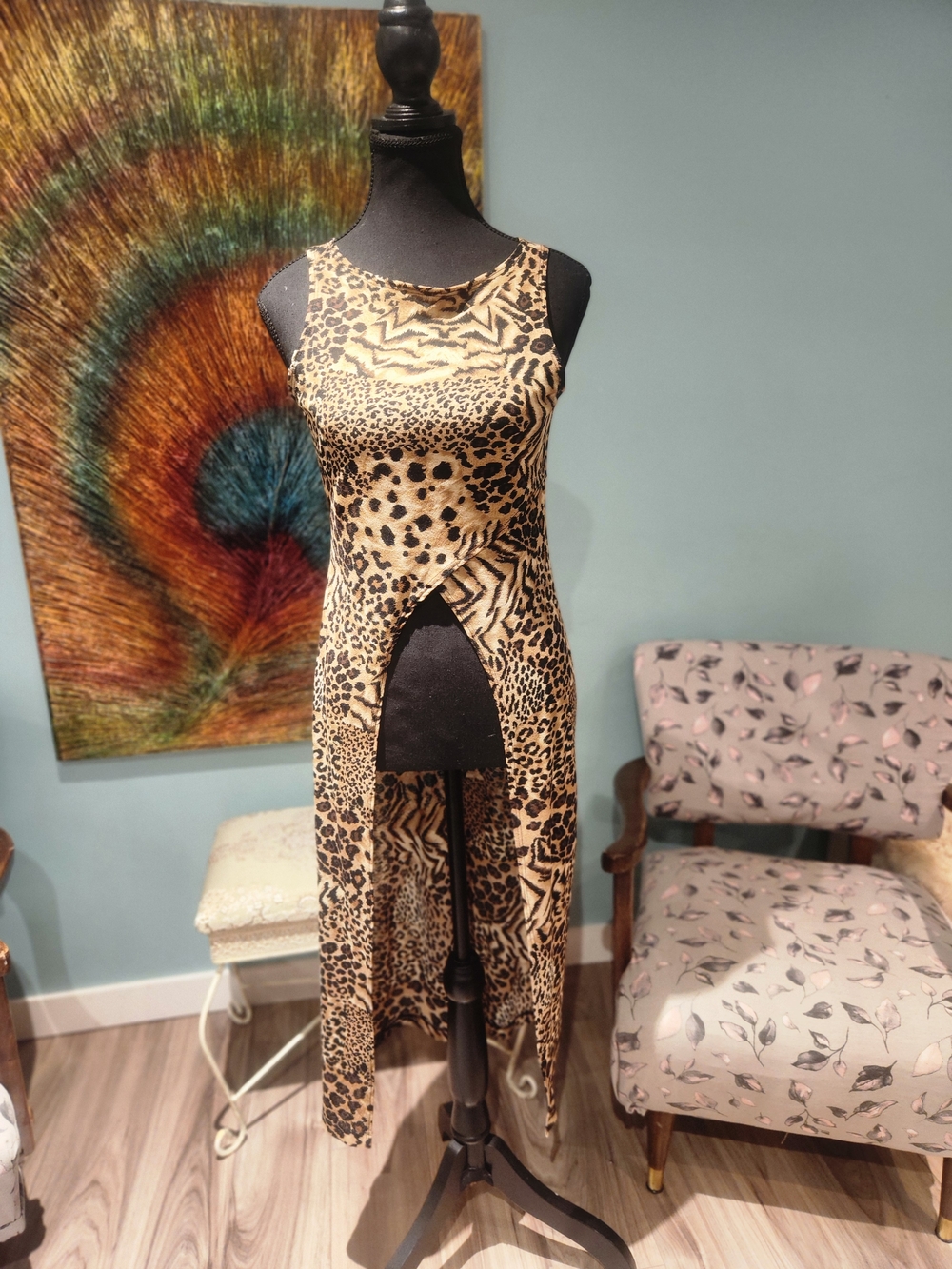 Leopard Print High-Slit Sleeveless Maxi Dress - Tan/Black